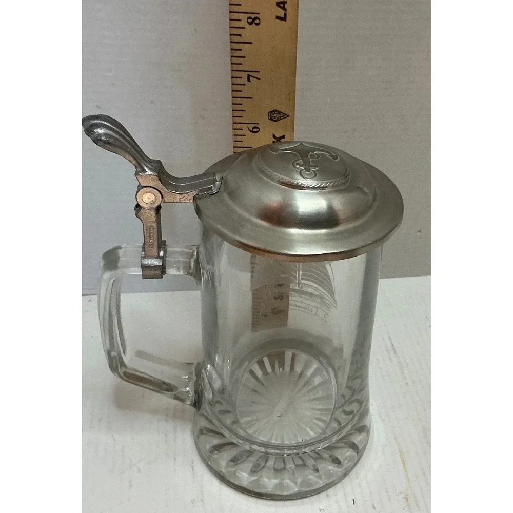 Vintage Glass Beer Stein Etched Columbia 1901 Sailboat Anchor Metal Lid Tankard